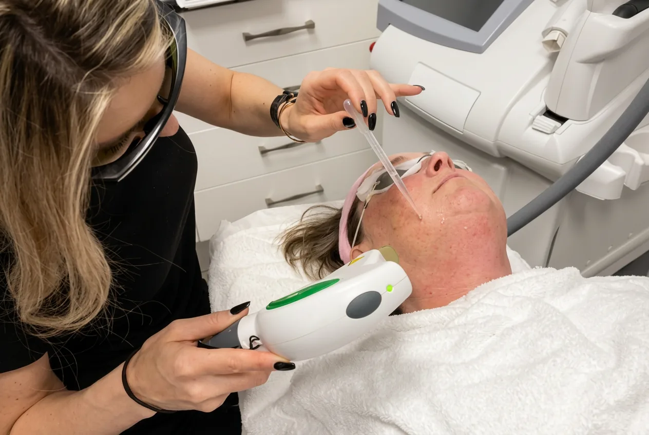 A patient receiving a laser photorejuvenation treatment